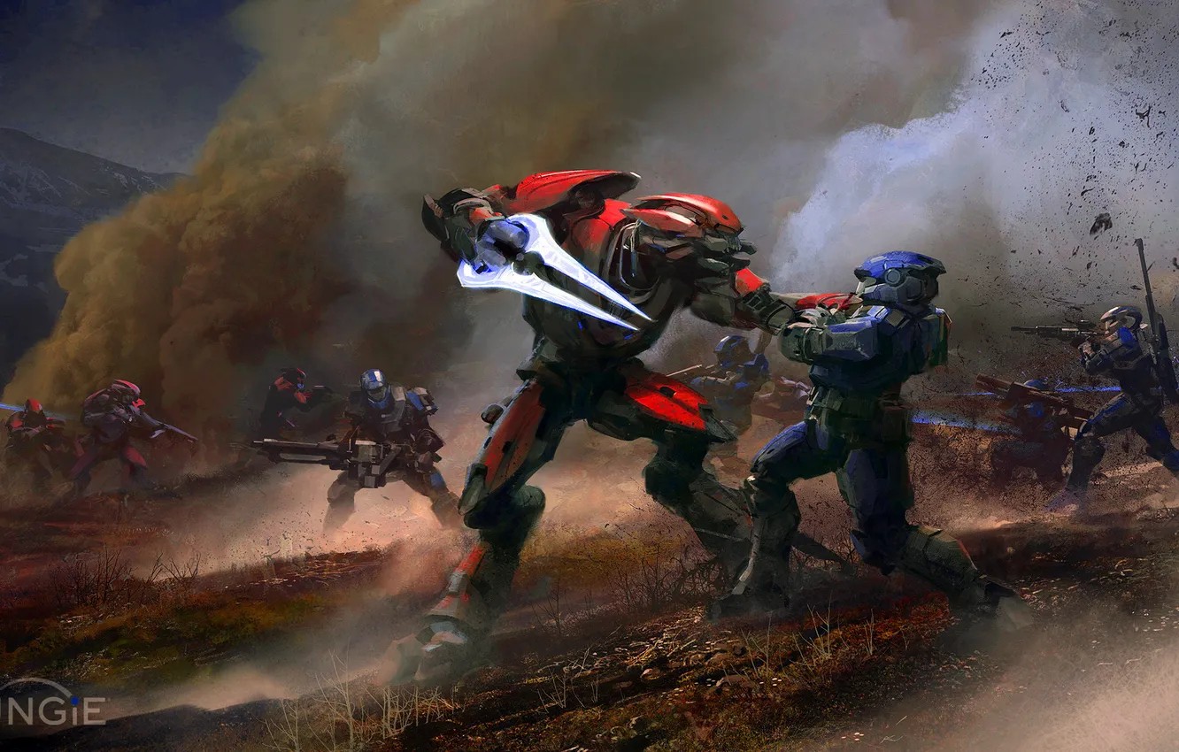 Photo wallpaper smoke, battle, Halo, Spartan, Covenant