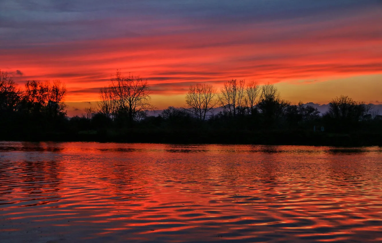 Photo wallpaper autumn, the sky, clouds, trees, river, glow