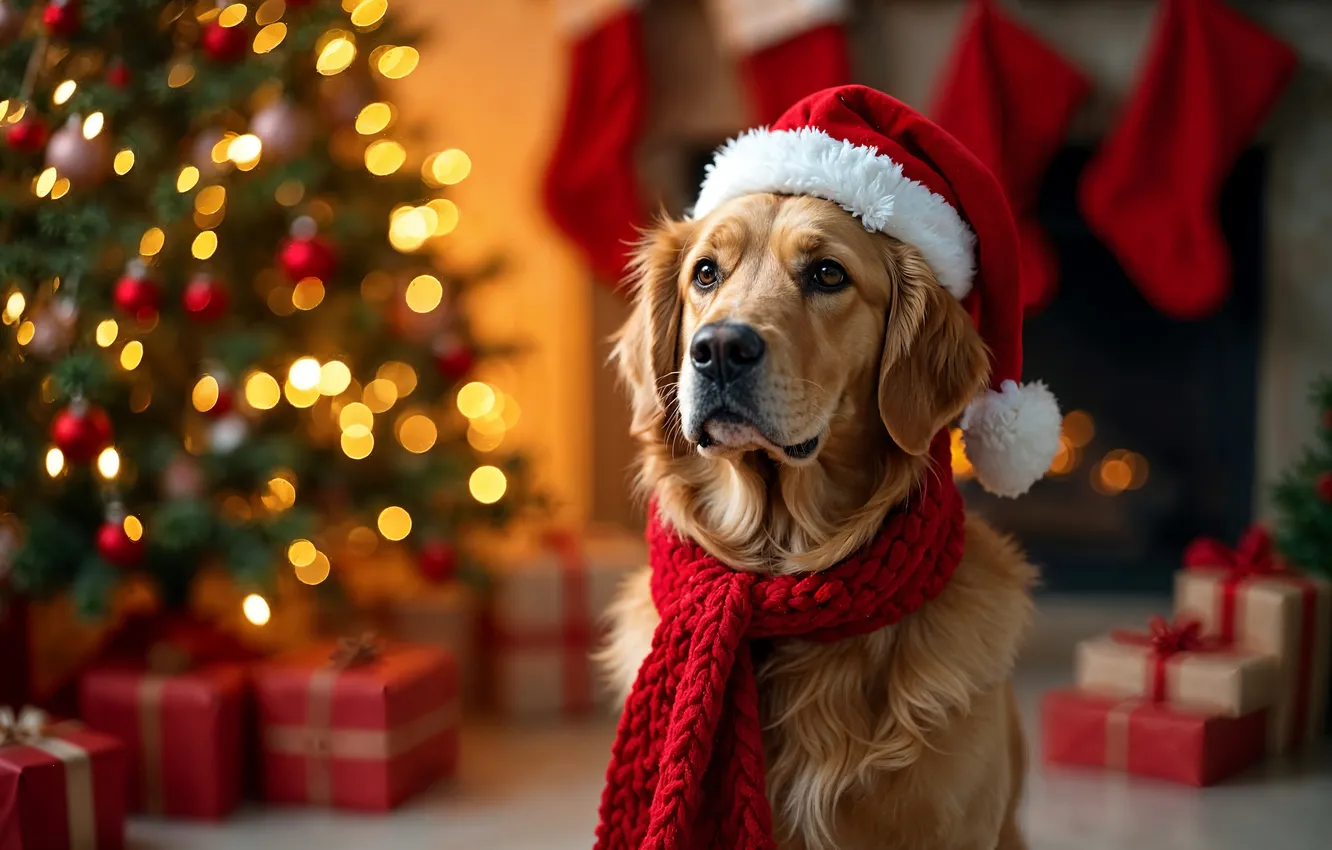 Photo wallpaper decoration, new year, dog, Christmas, Christmas, dog, cute, decoration