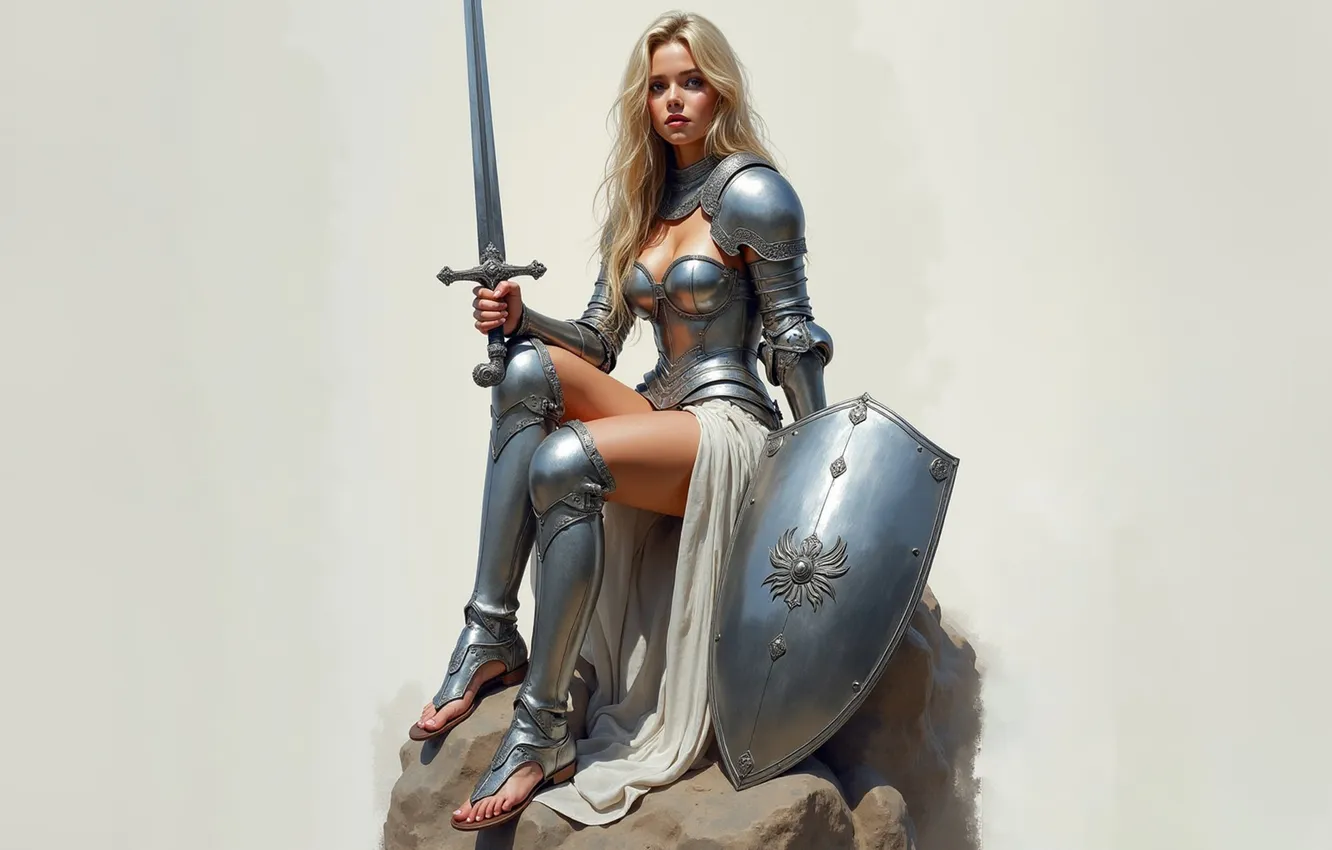 Photo wallpaper girl, stones, background, sword, fantasy, blonde, shield, knight
