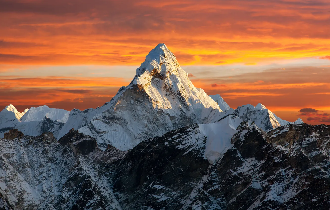 Photo wallpaper the sky, clouds, snow, sunset, mountains, nature, top, sky