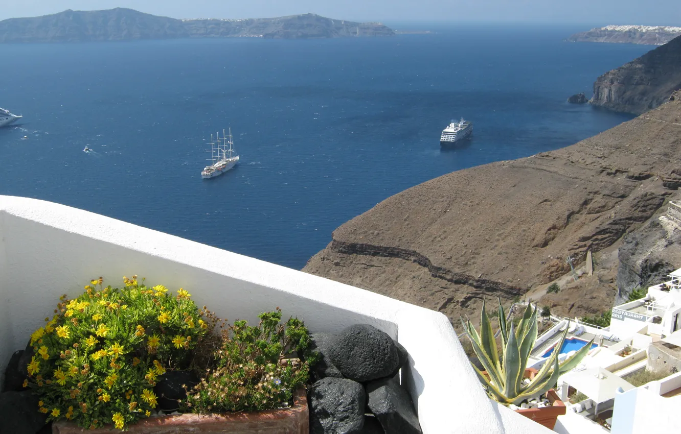Photo wallpaper sea, stones, ship, island, Santorini, Greece, horizon, Sunny day