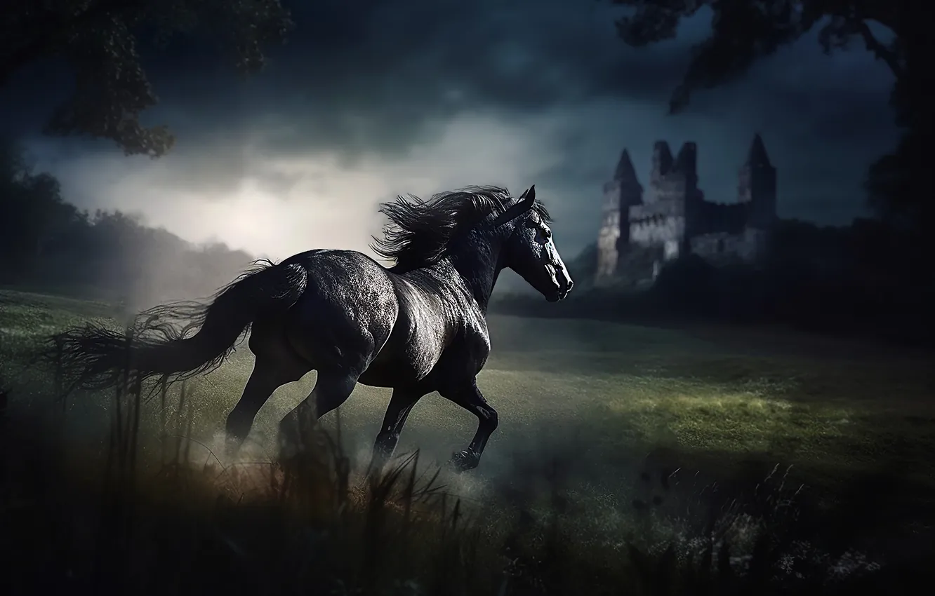 Photo wallpaper field, the sky, grass, face, light, trees, night, branches