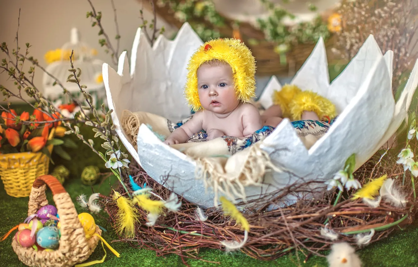 Photo wallpaper egg, child, baby, Easter, socket, chicken, Verba, eggs