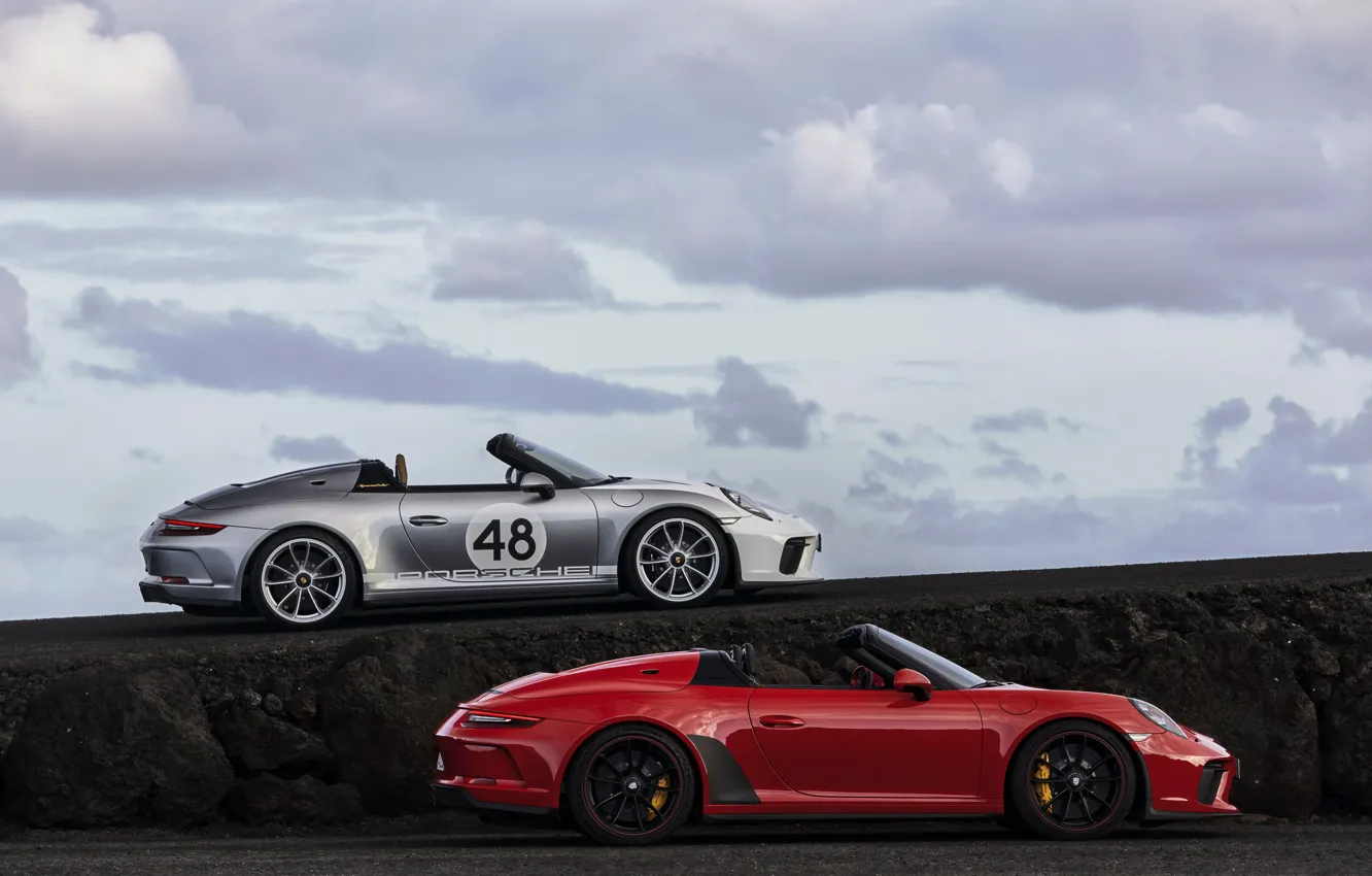 Photo wallpaper red, 911, Porsche, in profile, Speedster, 991, 2019, gray-silver