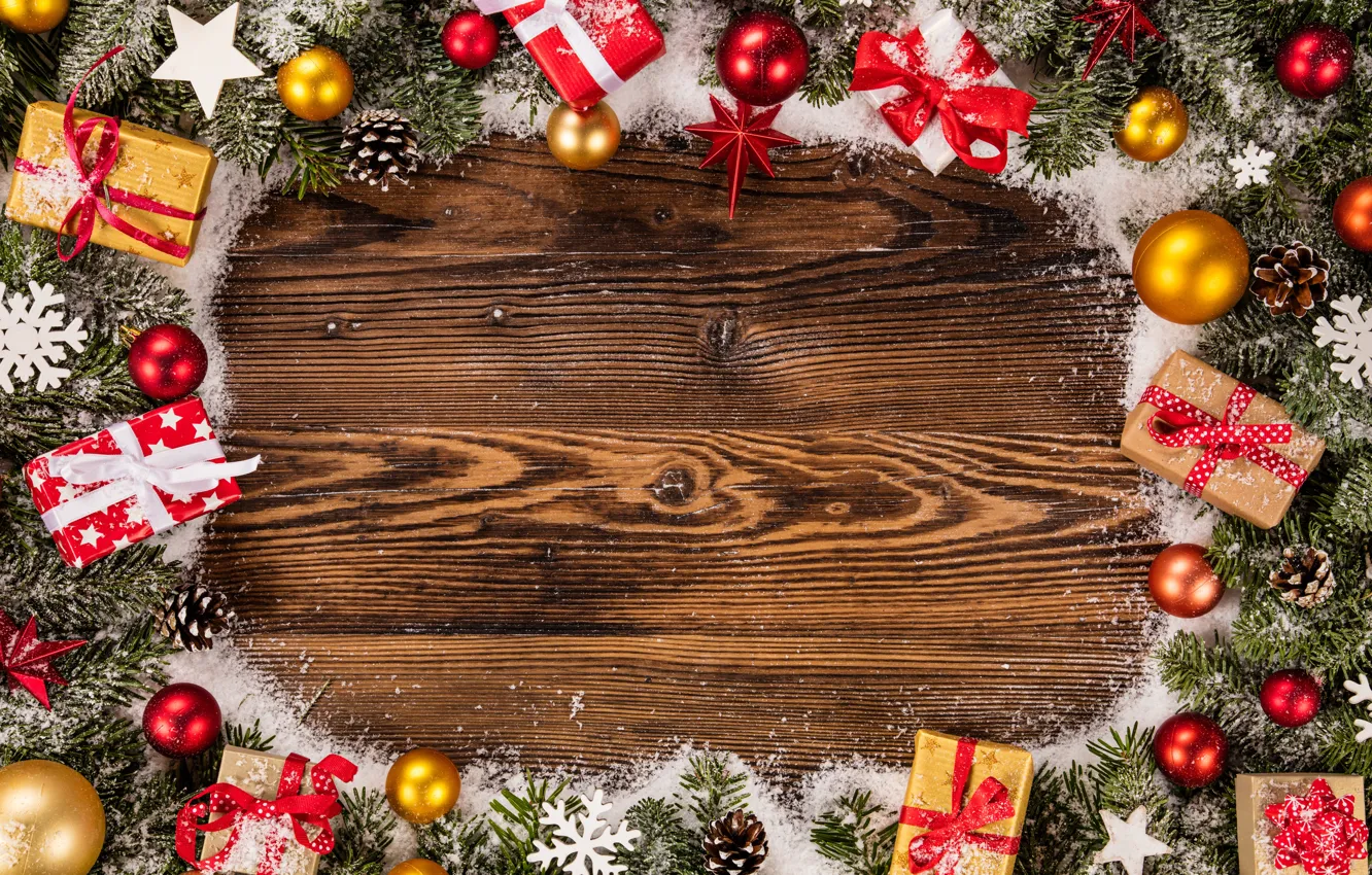 Photo wallpaper snow, decoration, gift, balls, tree, new year, Christmas, Christmas