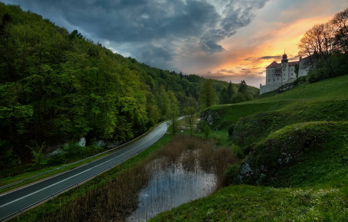 Photo wallpaper hills, road, highway, forest, castle