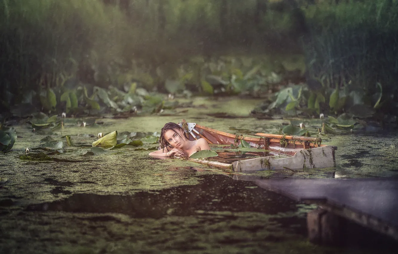 Photo wallpaper water, girl, river, boat, Adam Wawrzyniak