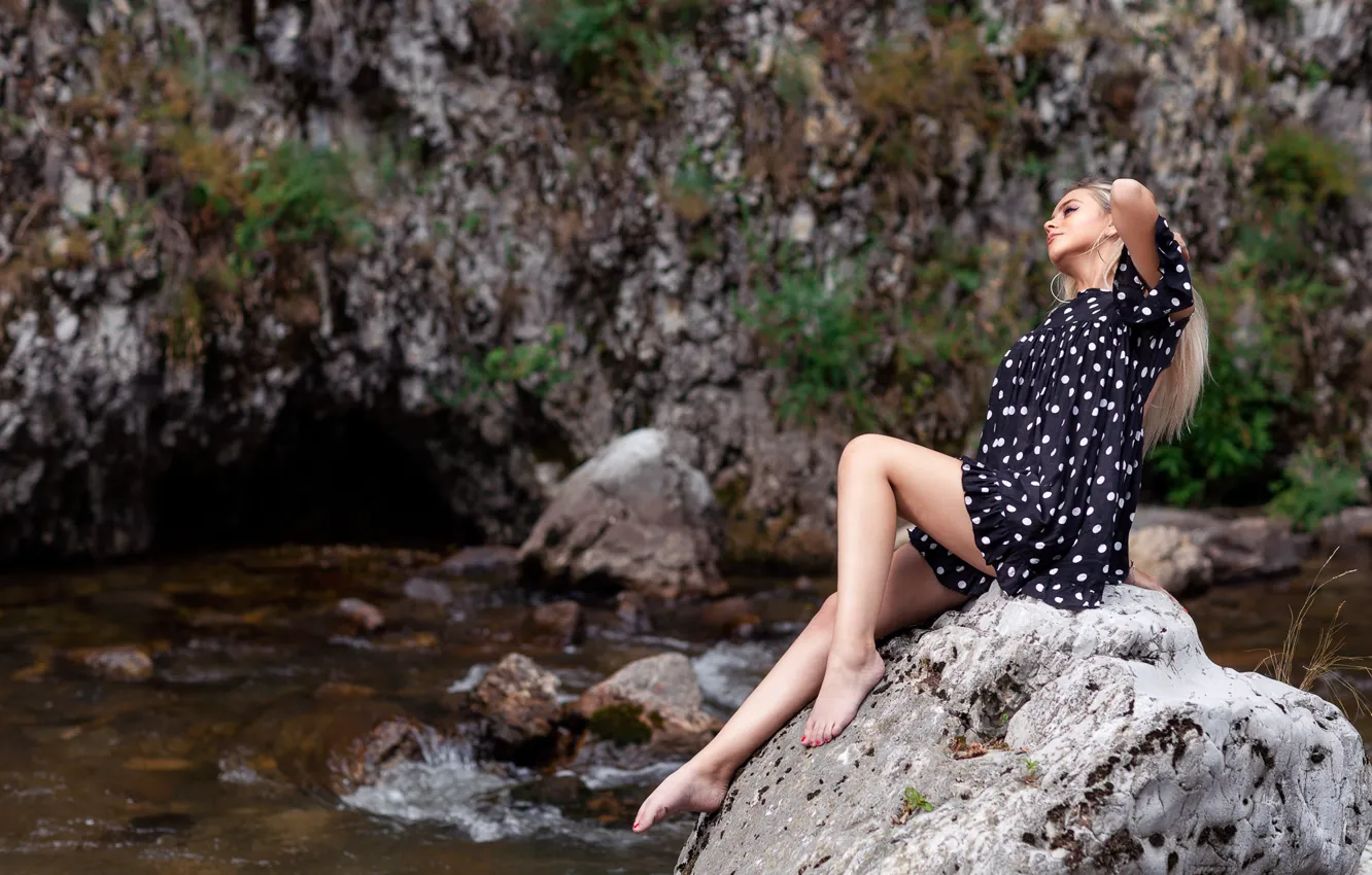 Photo wallpaper girl, nature, pose, river, stones, dress, legs, bokeh