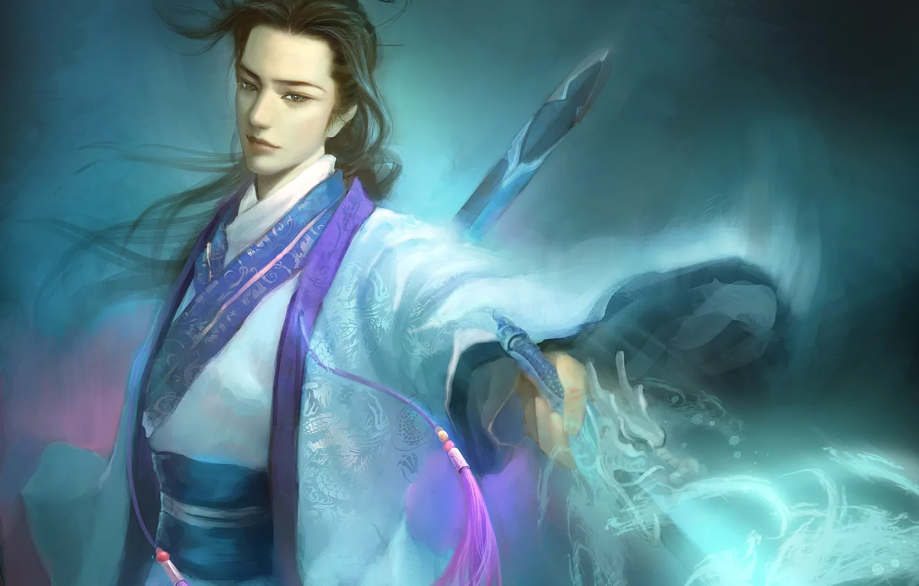 Photo wallpaper weapons, magic, sword, art, guy, Asian