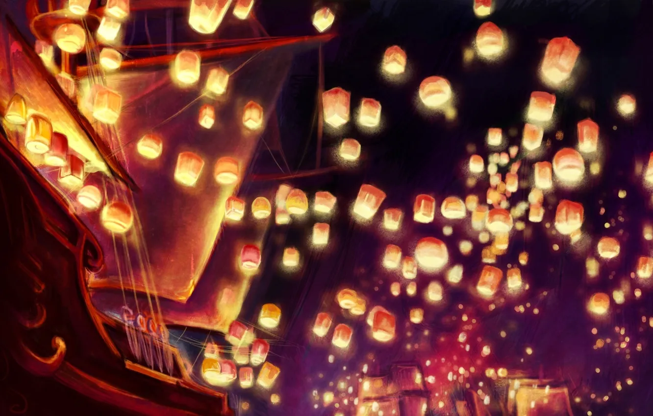 Photo wallpaper the sky, night, figure, ship, flashlight, pastel