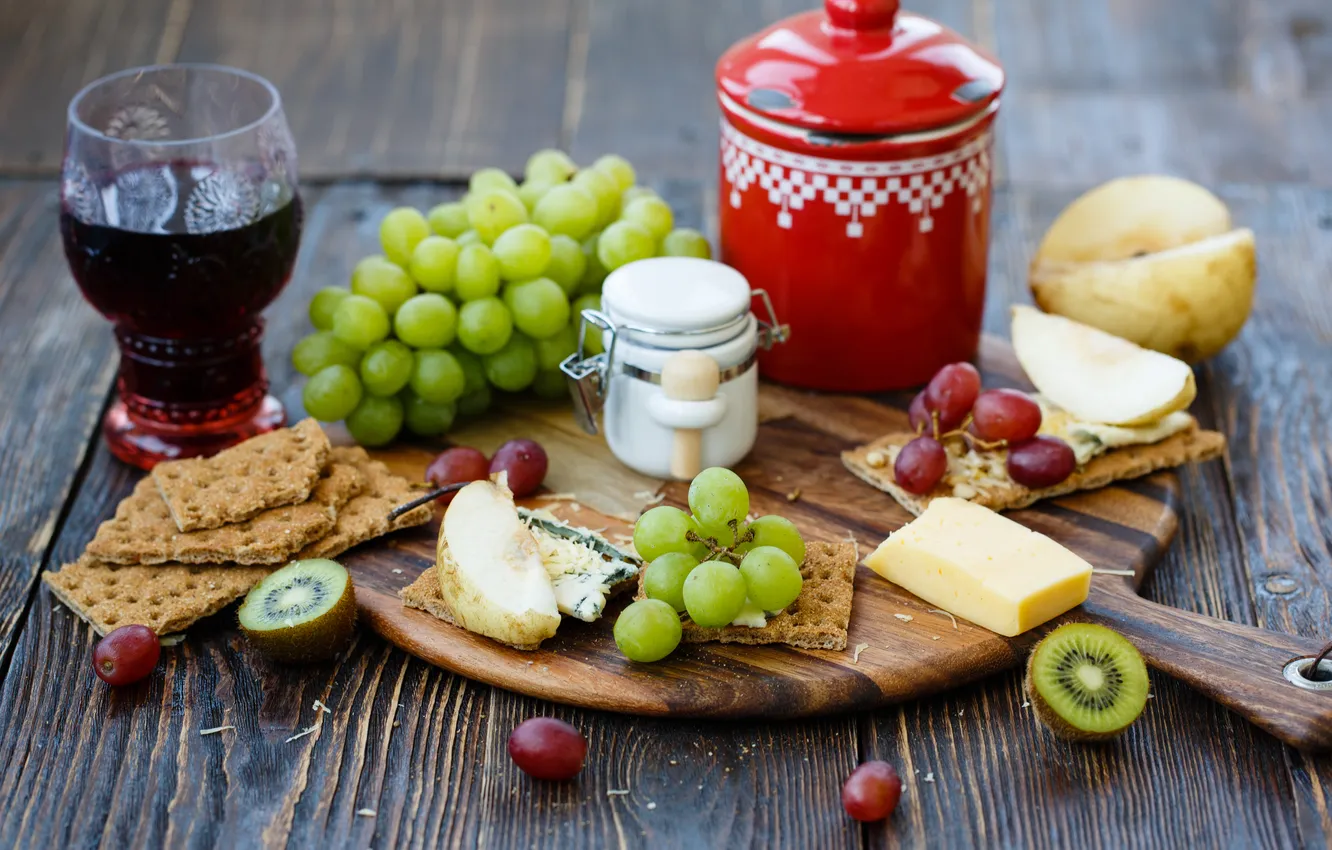 Photo wallpaper wine, red, cheese, kiwi, cookies, grapes, pear, crackers
