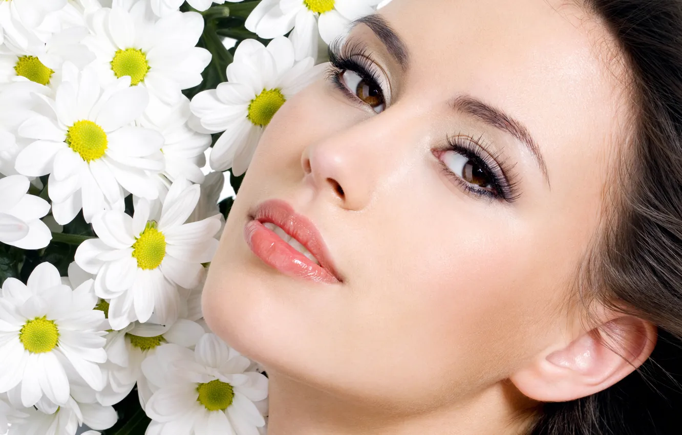 Photo wallpaper look, flowers, close-up, face, makeup, brunette, hairstyle, beauty
