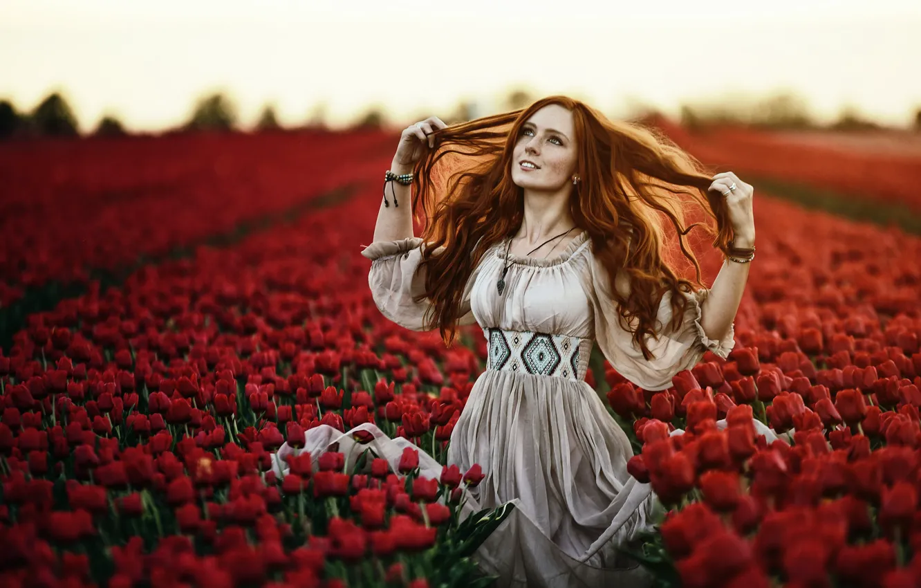 Photo wallpaper the sky, girl, decoration, flowers, red, pose, smile, pattern