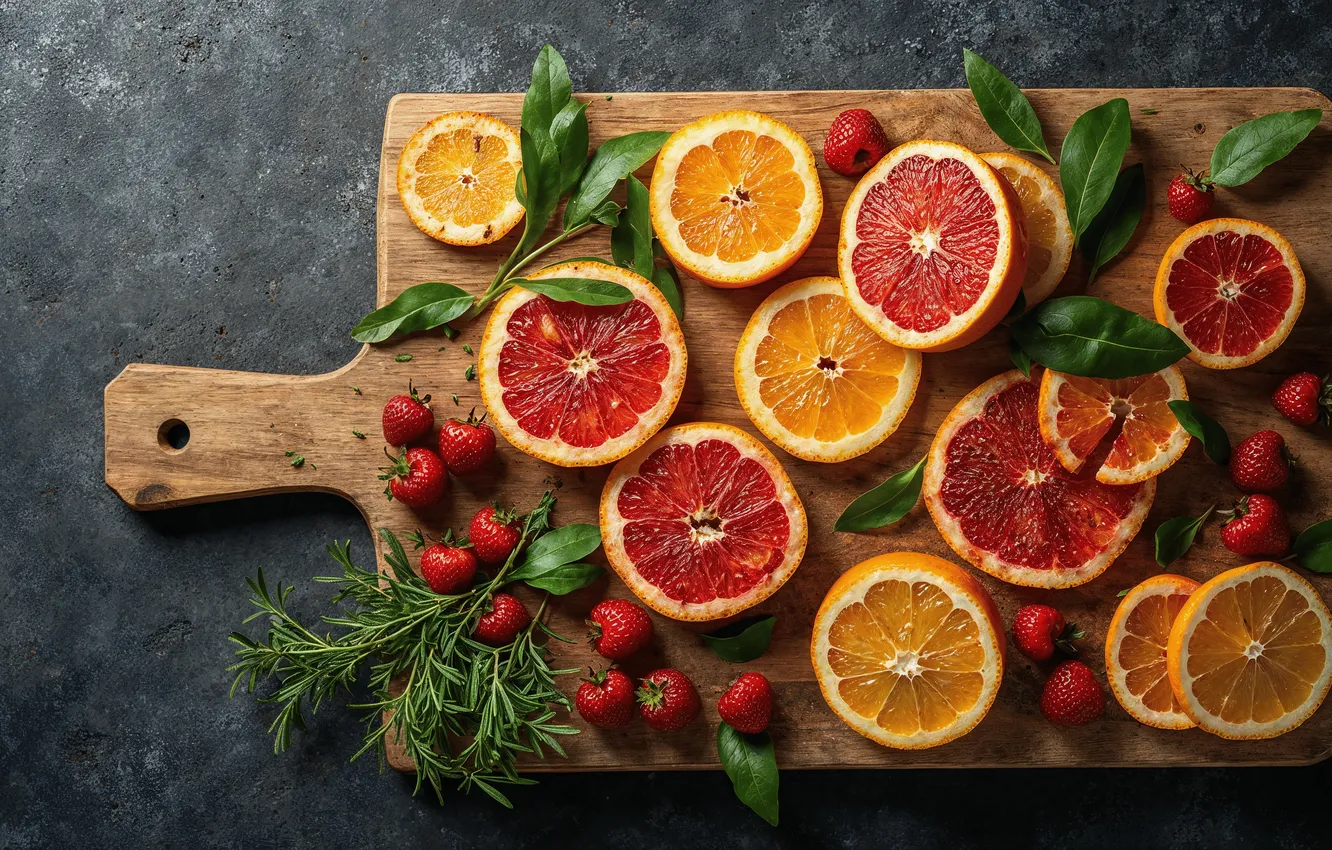 Photo wallpaper orange, strawberry, fruit, grapefruit, cutting Board