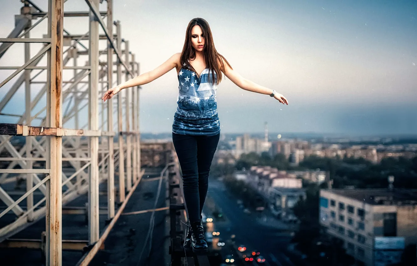 Photo wallpaper roof, girl, the city, height