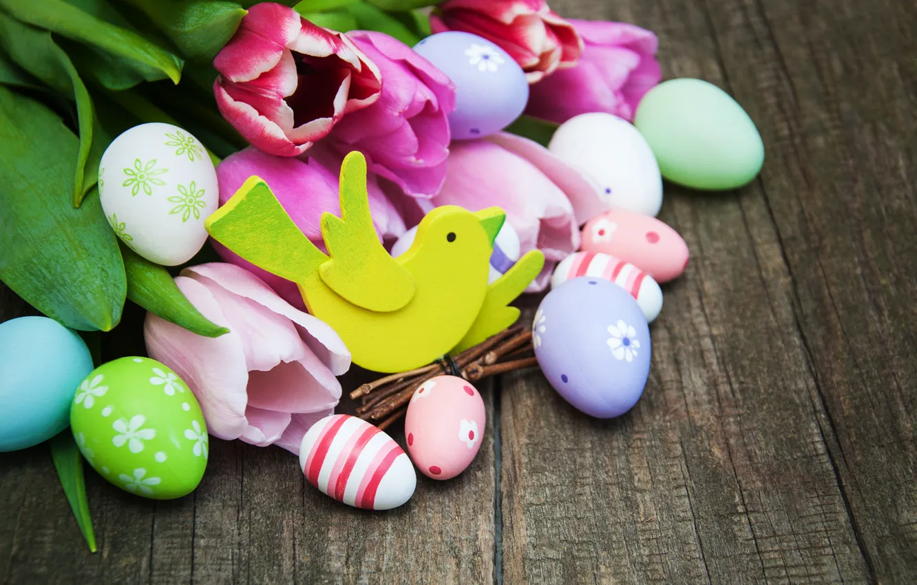 Photo wallpaper flowers, eggs, spring, colorful, Easter, tulips, wood, pink