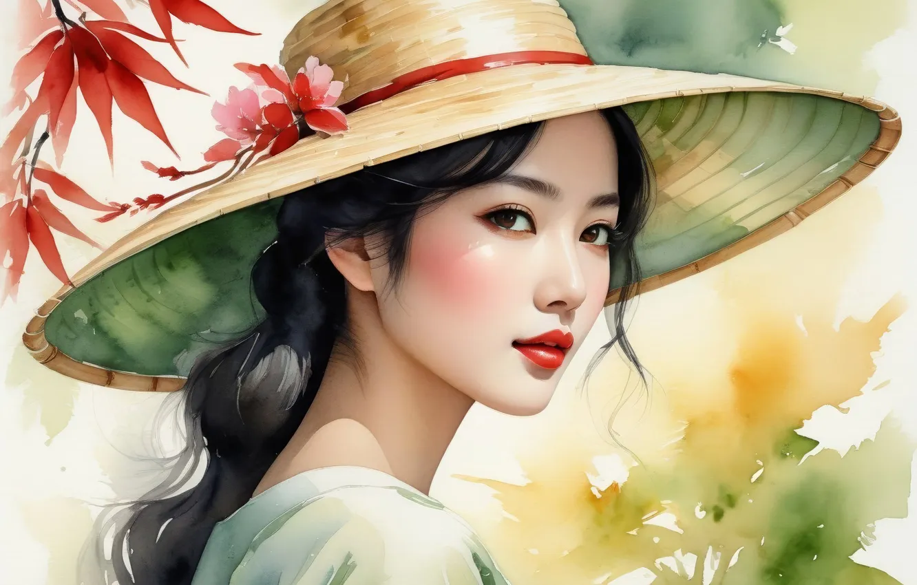 Photo wallpaper look, leaves, girl, flowers, pose, portrait, divorce, hat
