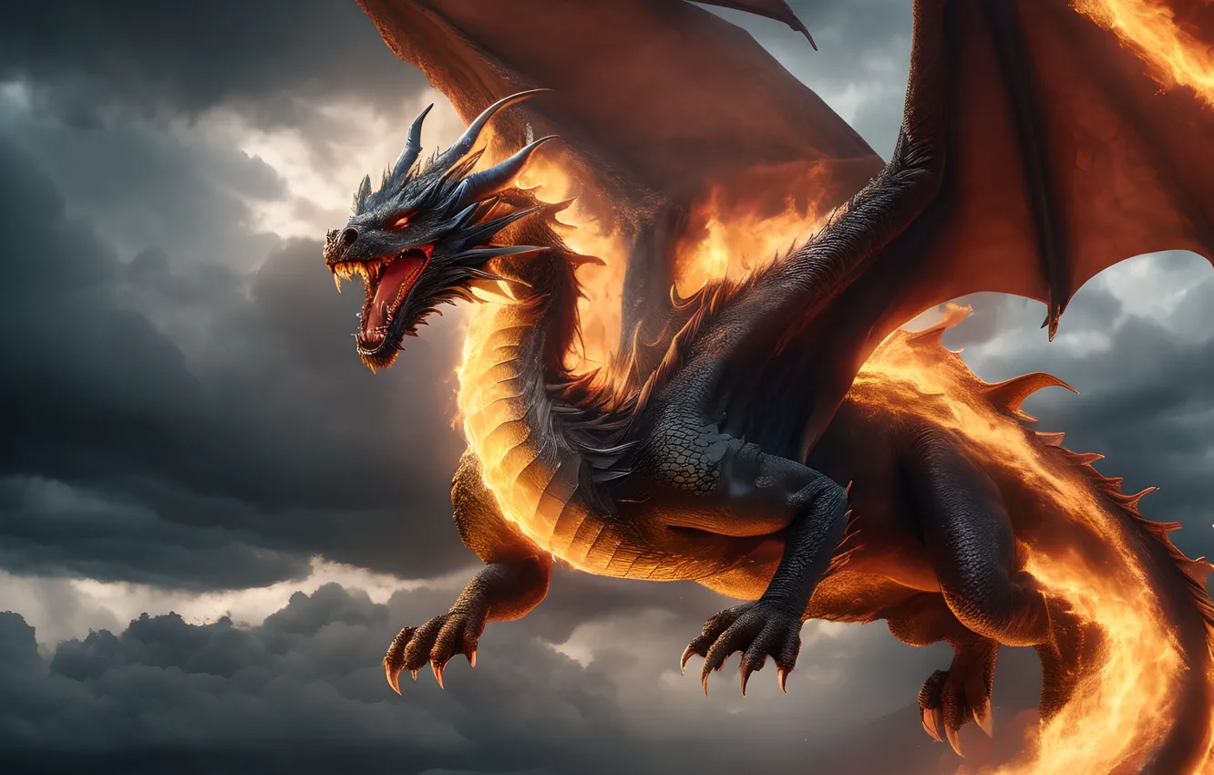 Photo wallpaper the sky, flight, clouds, lights, pose, flame, dragon, fantasy