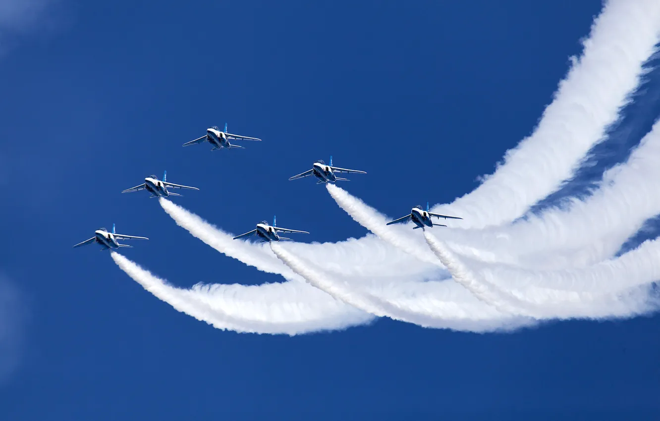 Photo wallpaper holiday, group, show, flight, Blue Impulse, Kawasaki T-4