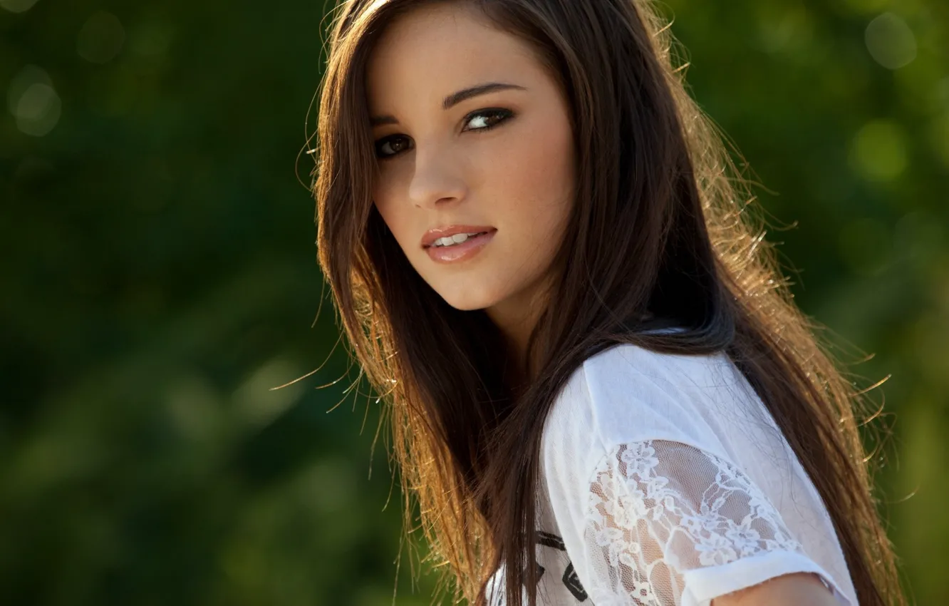 Photo wallpaper greens, look, girl, brown hair, bokeh, Madison Morgan
