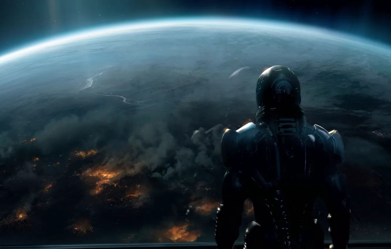 Photo wallpaper space, fiction, planet, Earth, soldiers, Mass Effect 3, Shepard. future