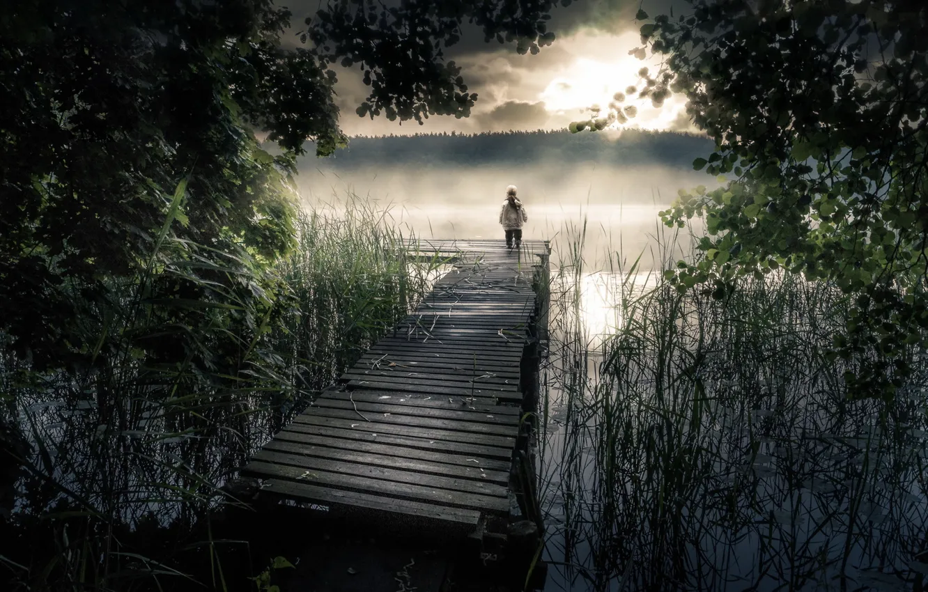 Photo wallpaper bridge, children, lake