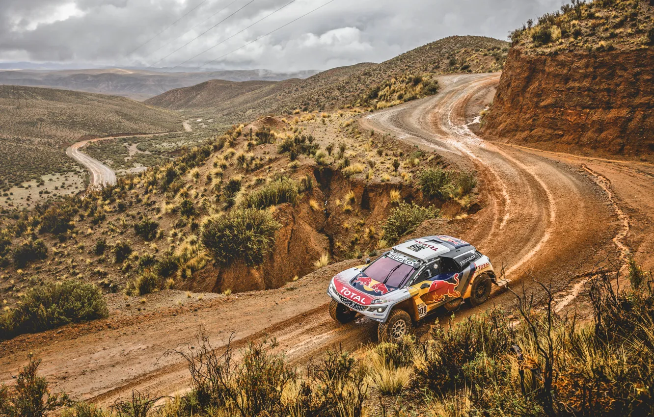 Photo wallpaper Sport, Speed, Clouds, Turn, Race, Dirt, Peugeot, Lights