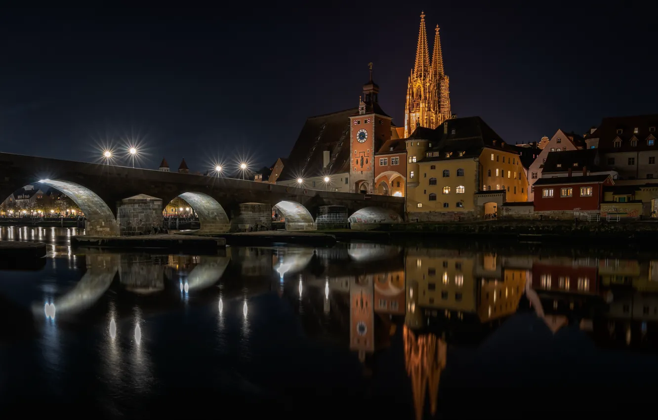 Photo wallpaper night, the city, Regensburg, Stony Bridge