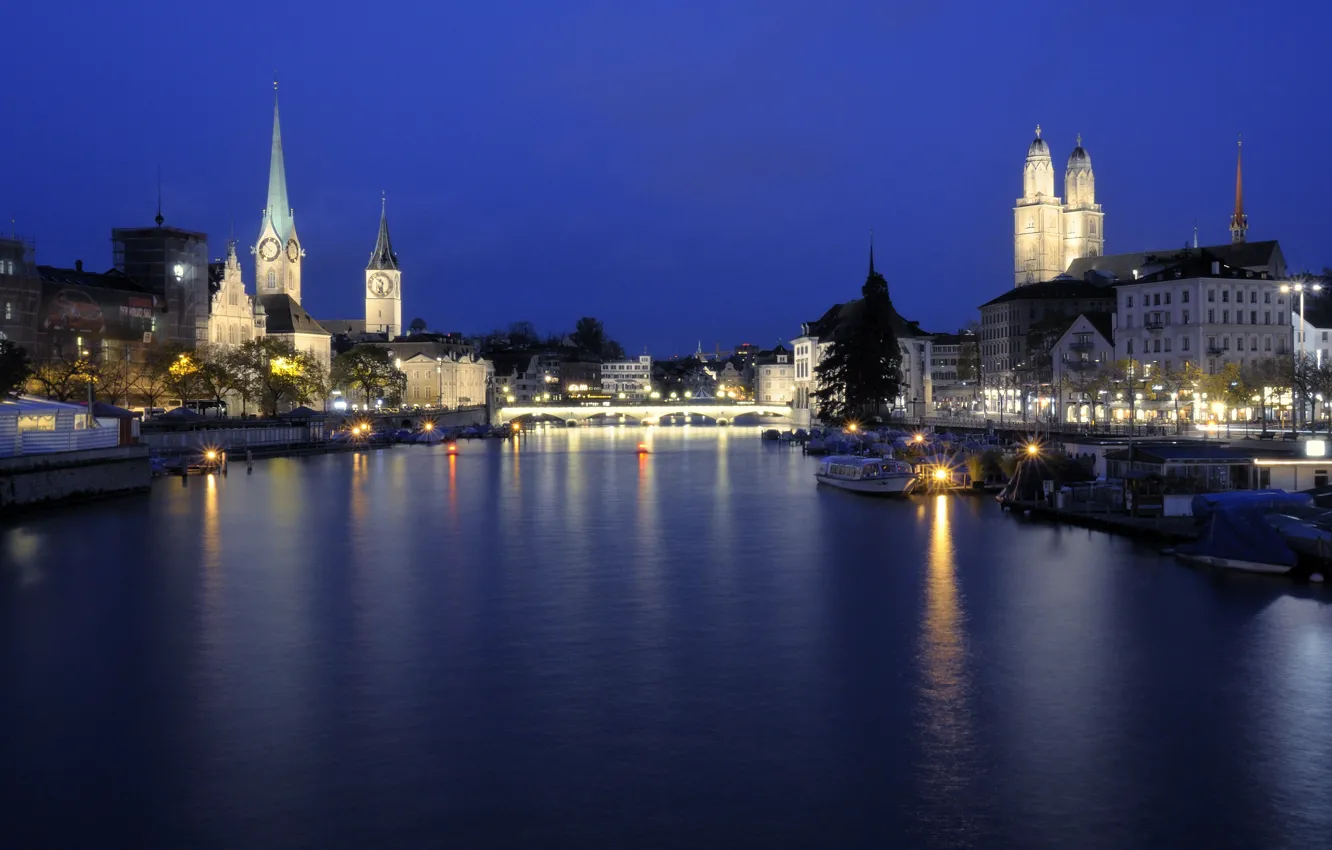 Photo wallpaper the city, river, the evening, Switzerland, Zurich