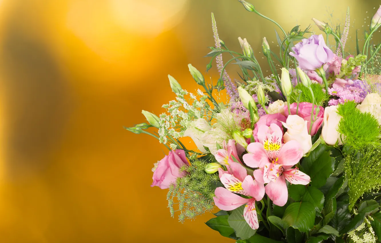 Photo wallpaper background, roses, bouquet, buds, eustoma