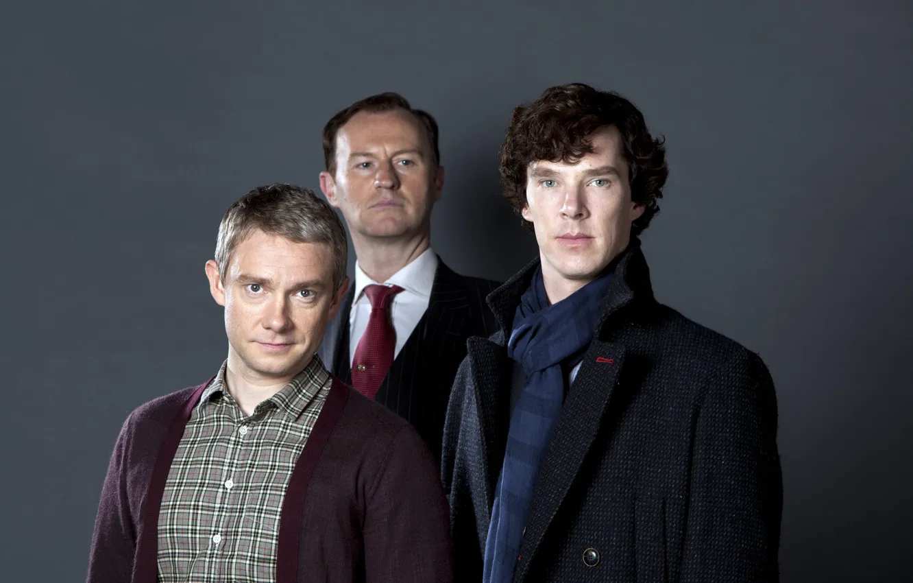 Photo wallpaper Sherlock Holmes, Martin Freeman, Benedict Cumberbatch, Sherlock, Sherlock, Mark Gatiss, Mycroft Holmes, Sherlock BBC
