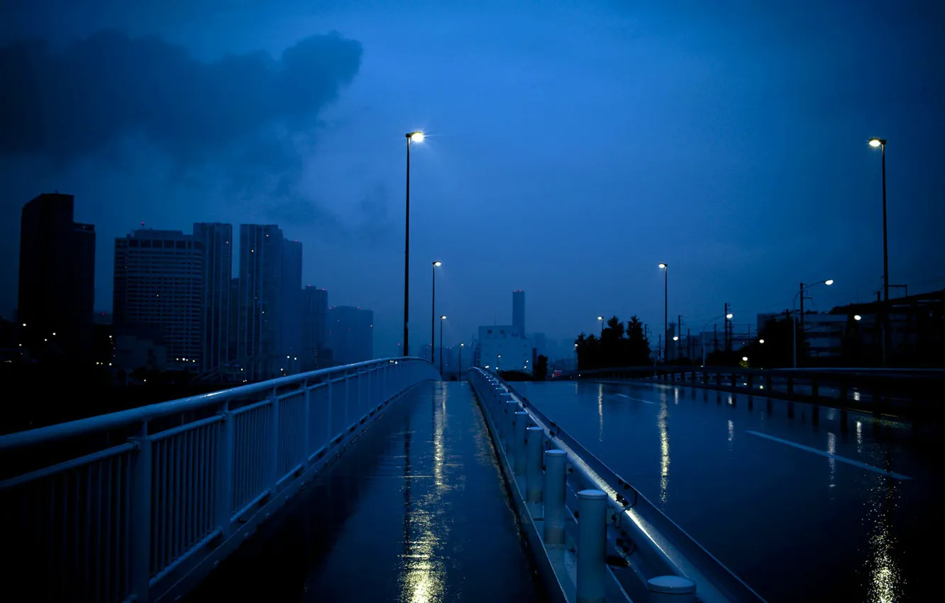 Photo wallpaper lights, Twilight, wet road