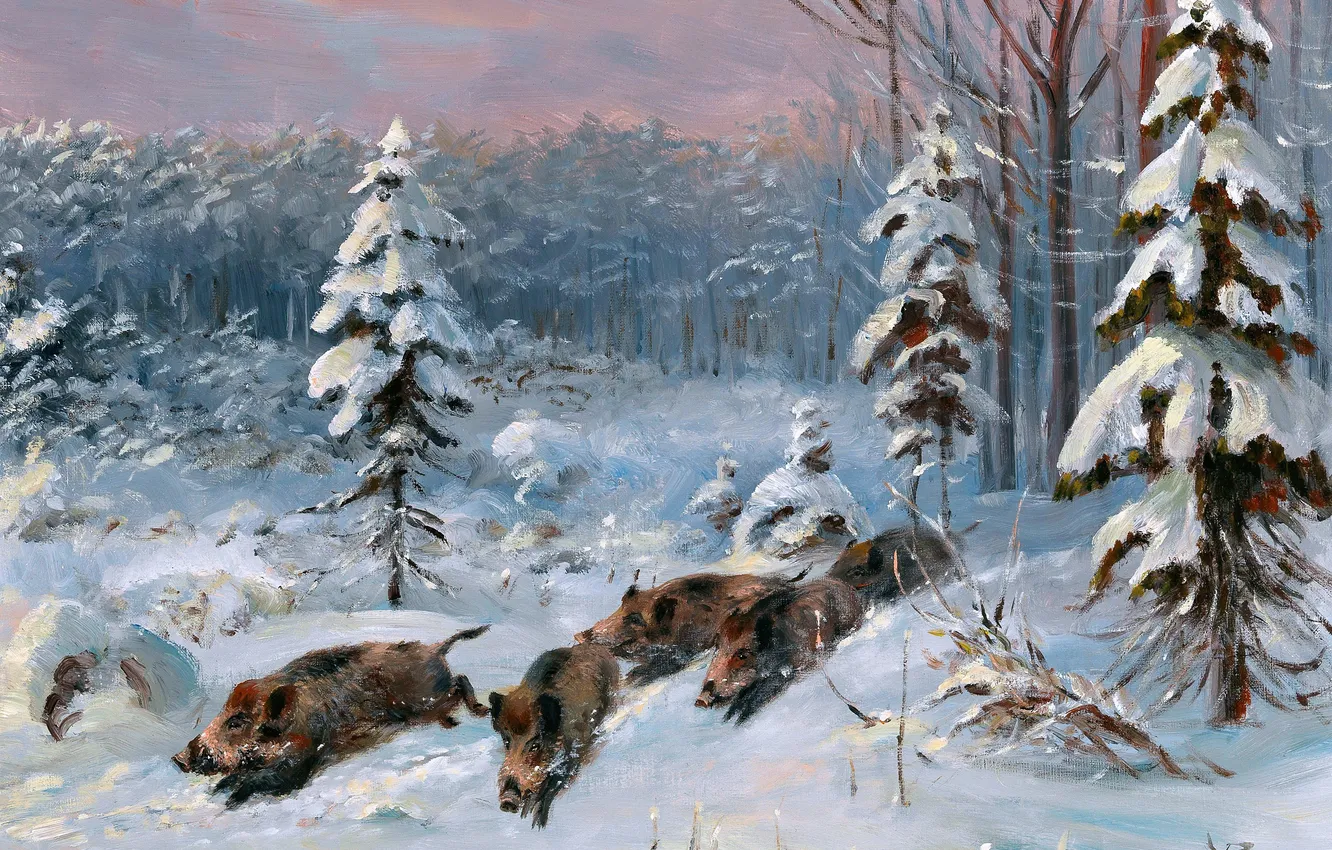 Photo wallpaper winter, snow, trees, picture, running, boar, German artist, Wilhelm Lorenz