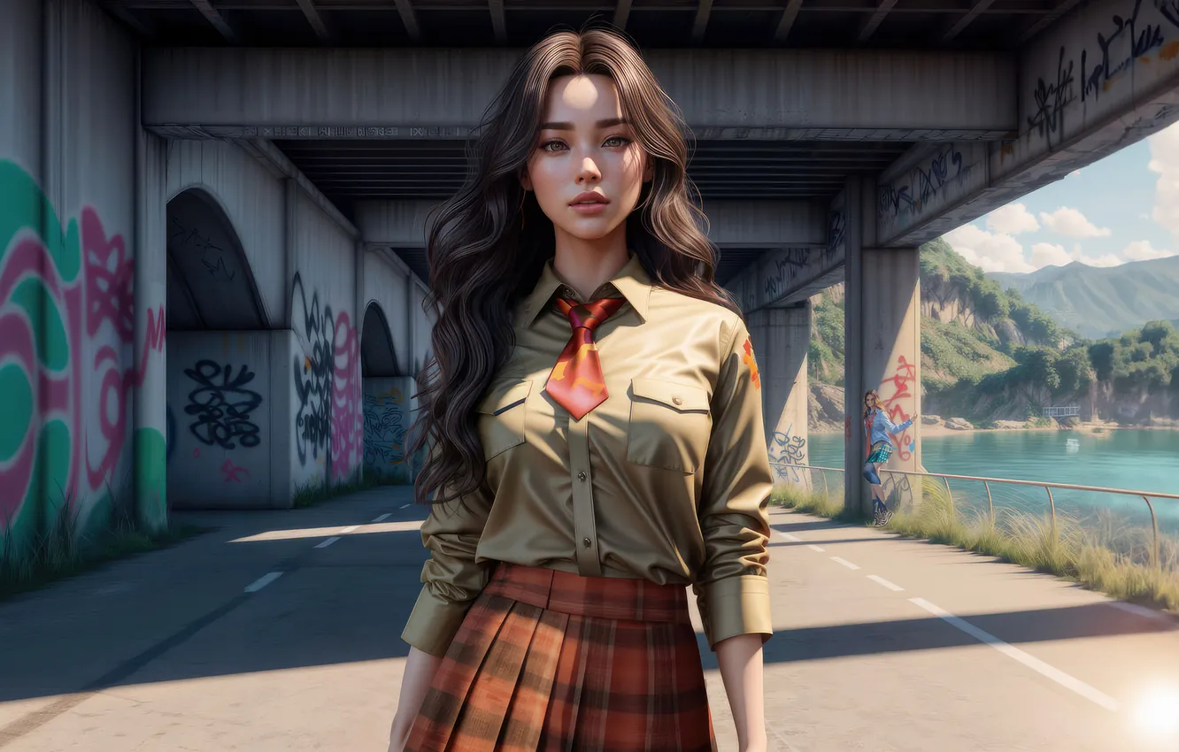 Photo wallpaper girl, shirt, skirt, tie, AI Art