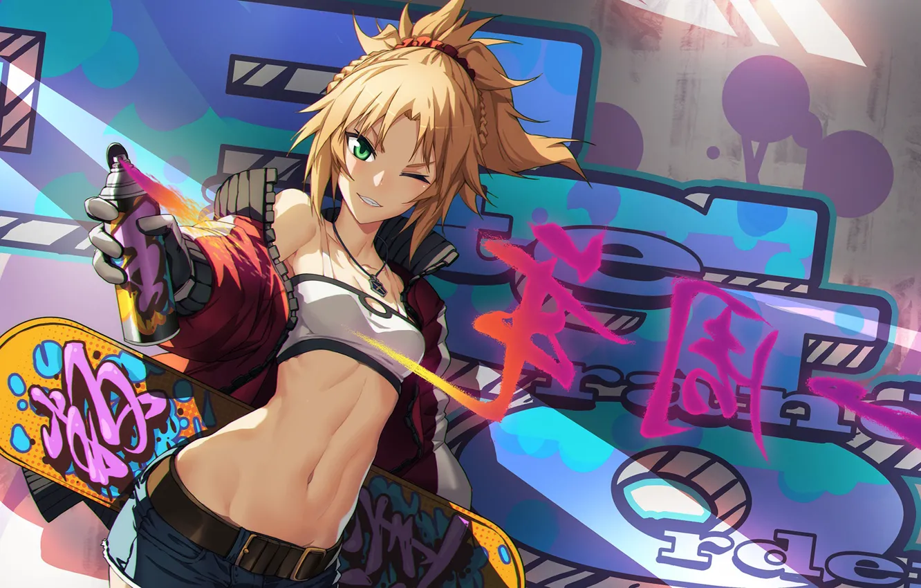 Photo wallpaper girl, Anime, graffiti, blonde, skate, Fate, Saber of Red, Fate/apocrypha
