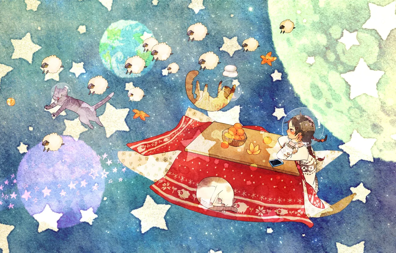 Photo wallpaper girl, space, cats, table, planet, food, art, sheep