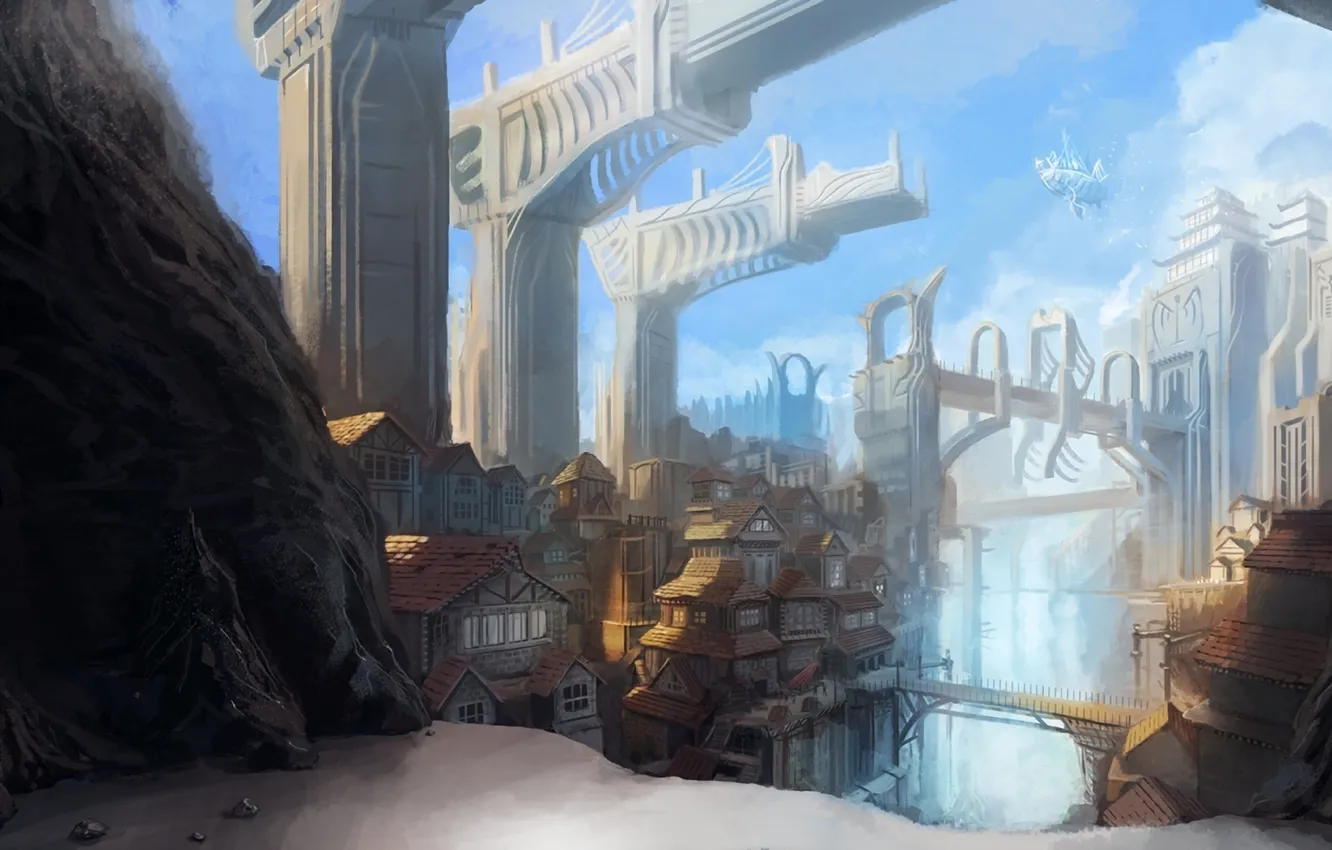 Photo wallpaper mountains, bridge, the city, rocks, ship, building, art, volatile