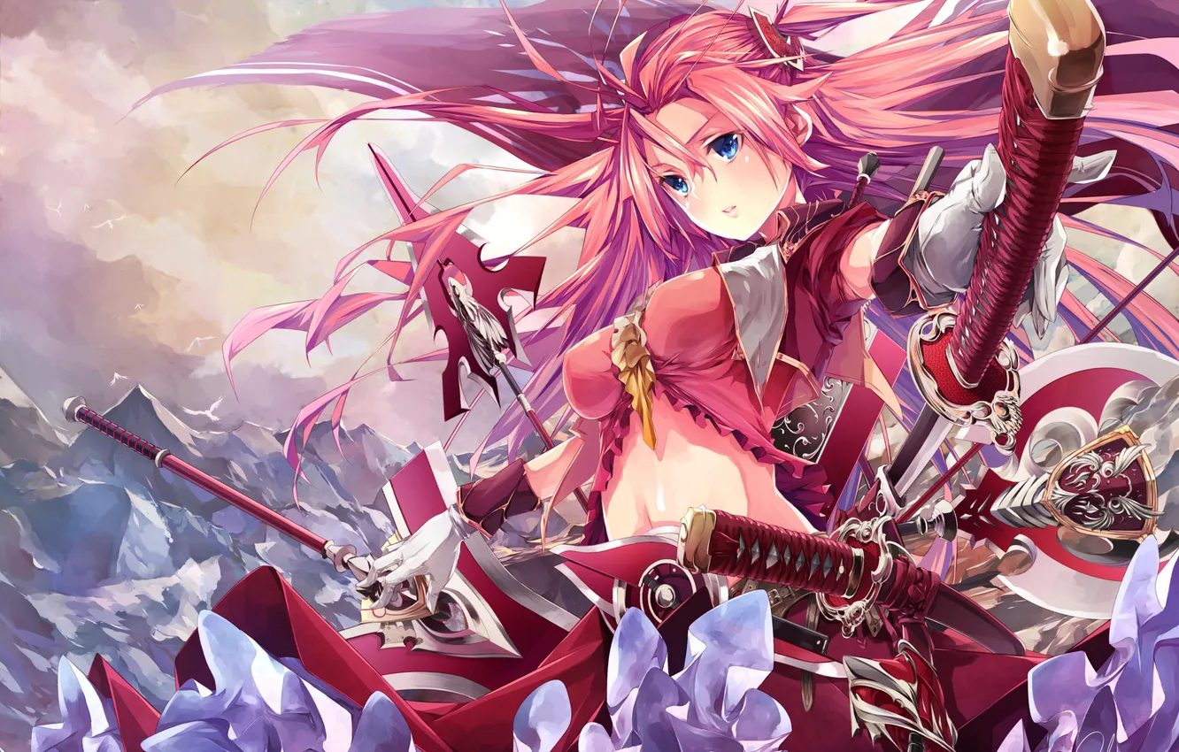 Photo wallpaper cold, girl, snow, mountains, weapons, art, re lucy