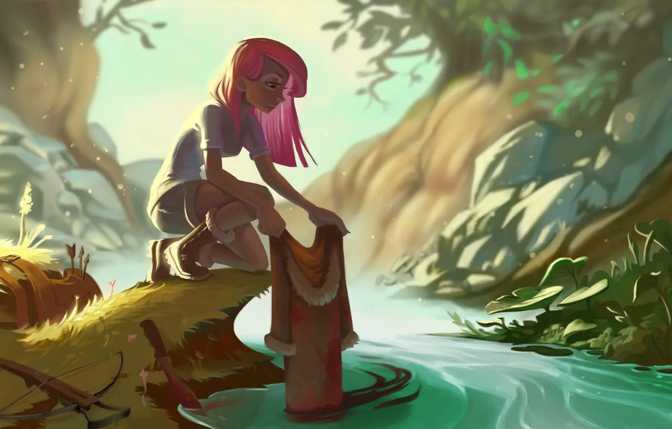 Photo wallpaper forest, girl, river, blood, art, crossbow