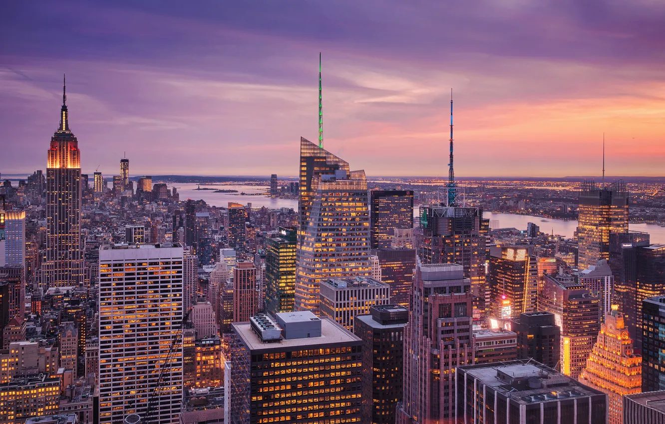 Photo wallpaper sunset, the city, lights, river, home, New York, the evening, USA