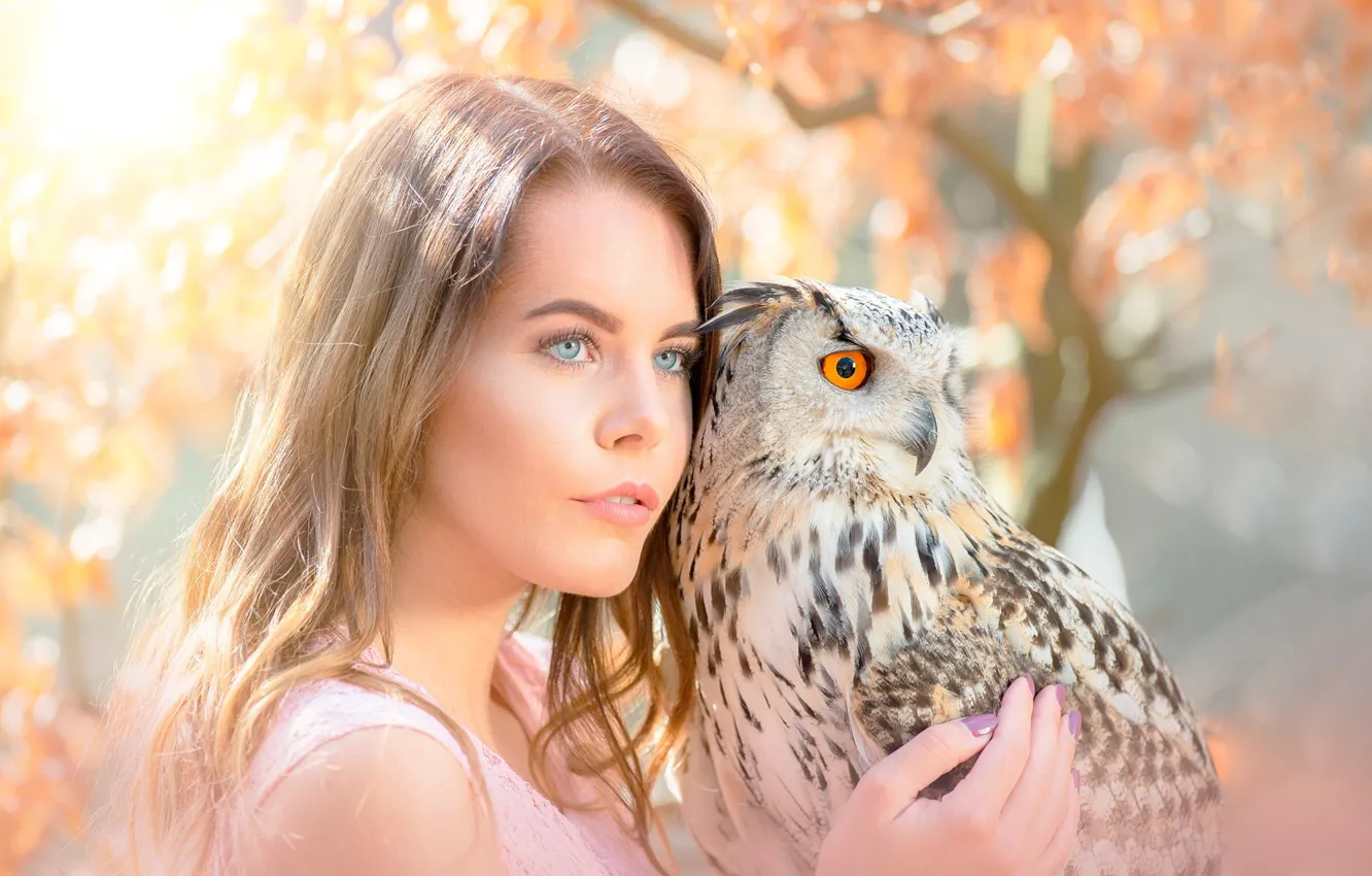 Photo wallpaper girl, the sun, trees, background, owl, bird, portrait, makeup