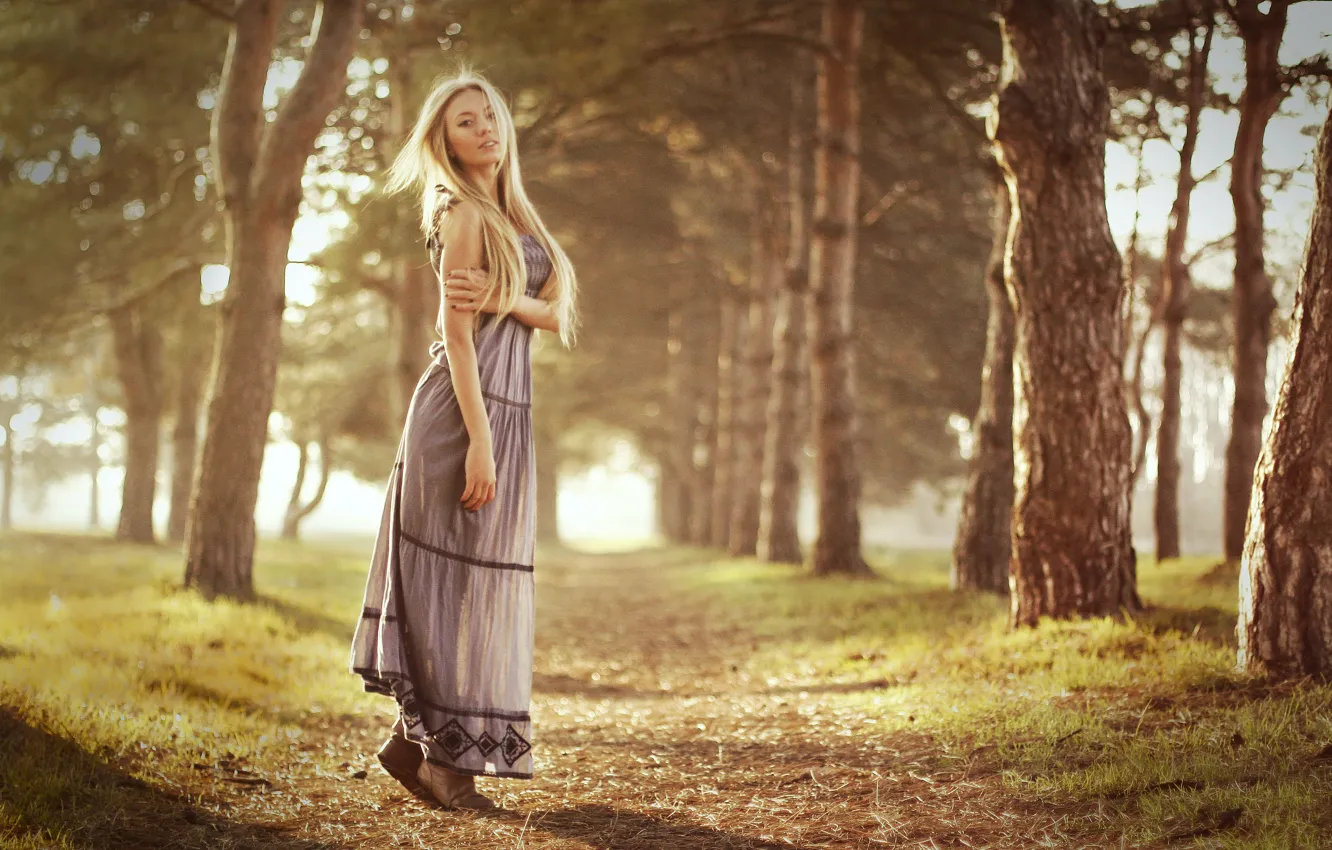 Photo wallpaper look, girl, trees, path