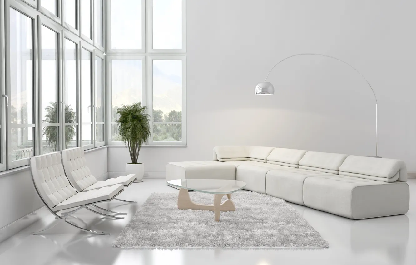 Photo wallpaper sofa, Windows, carpet, plants, lamp, table