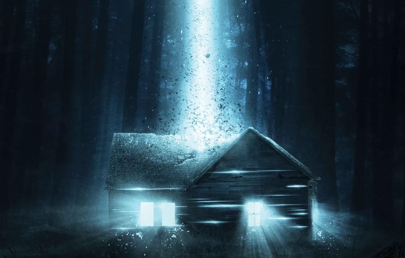 Photo wallpaper forest, fiction, house, a beam of light