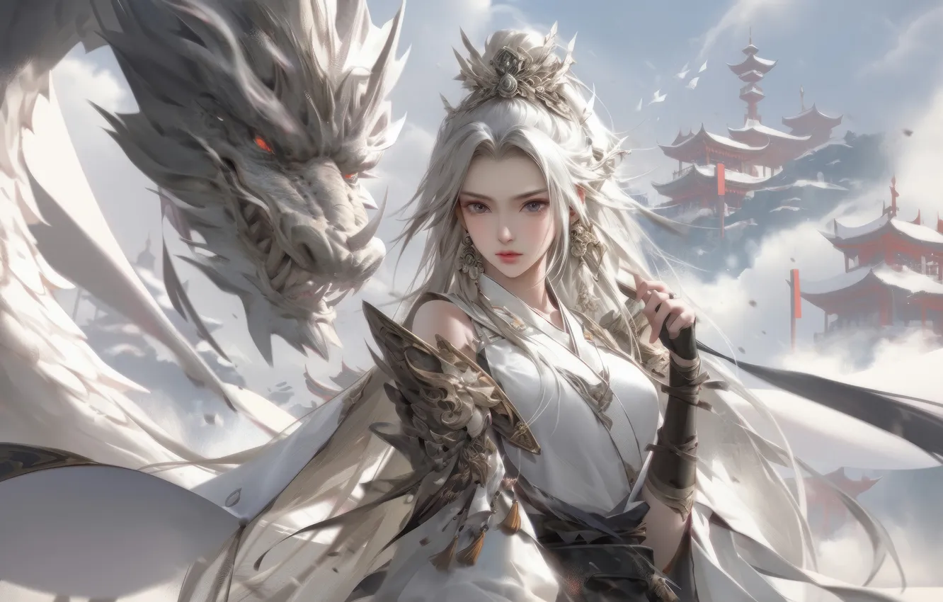 Photo wallpaper girl, fantasy, dragon, beautiful girl, AI Art, AI Generated