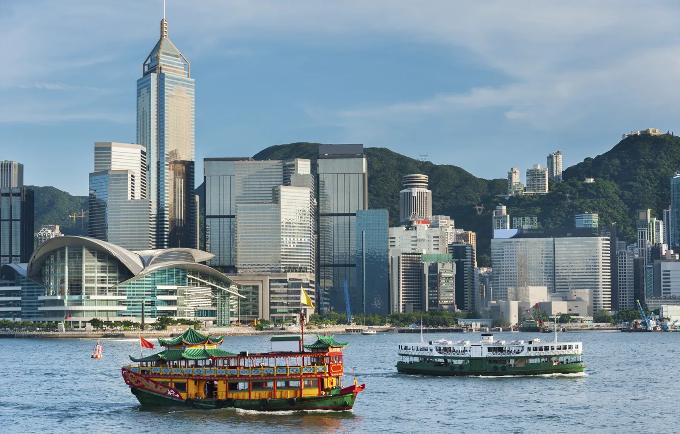 Photo wallpaper China, Hong Kong, skyscrapers, skyline, sea, harbour, Hong Kong, skyscrapers