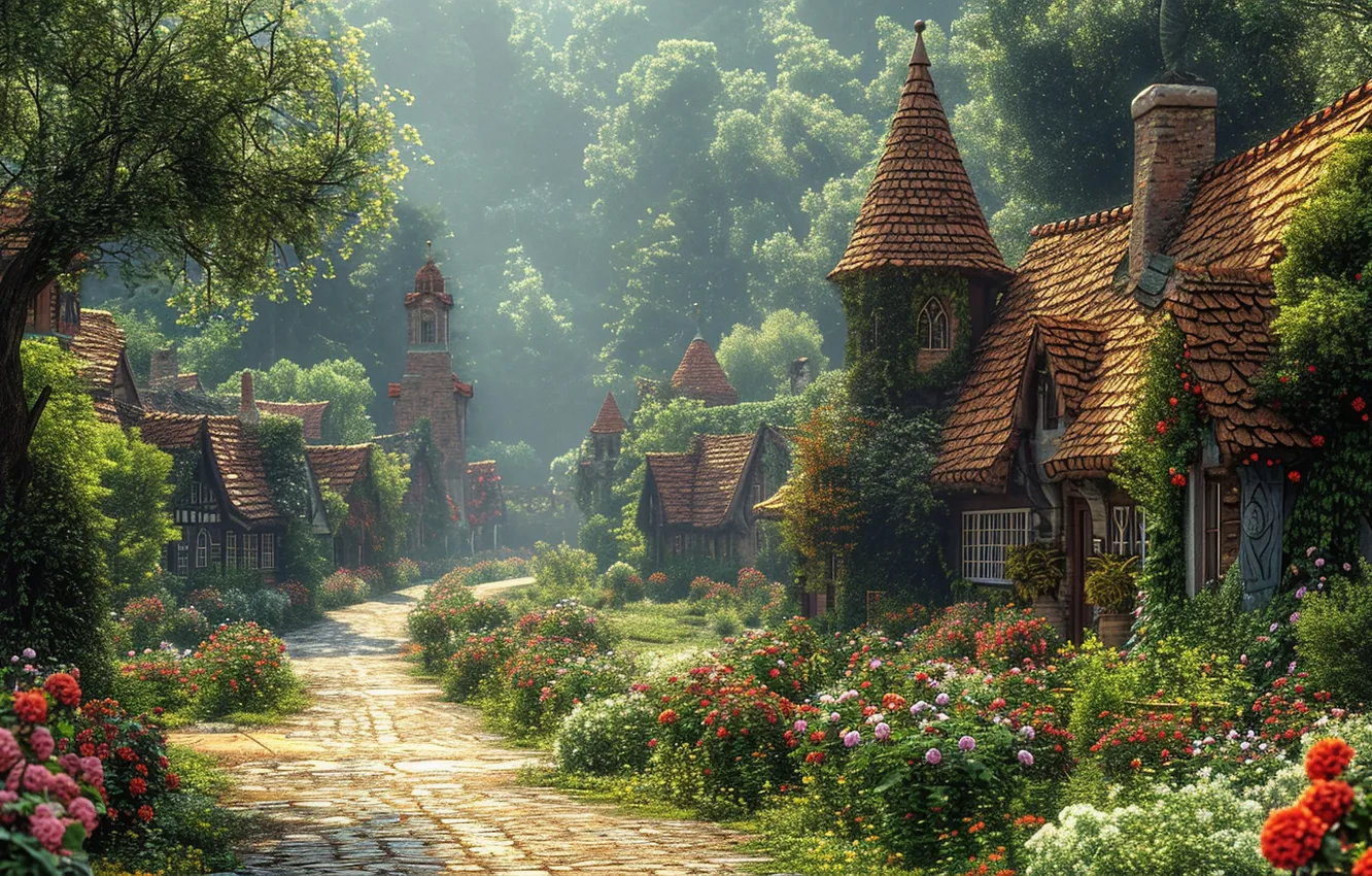 Photo wallpaper flowers, tale, village, house, path, fabulous, AI art, neural network