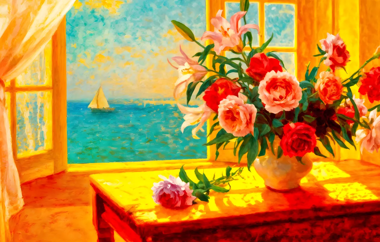 Photo wallpaper sea, summer, the sky, leaves, light, flowers, blue, table