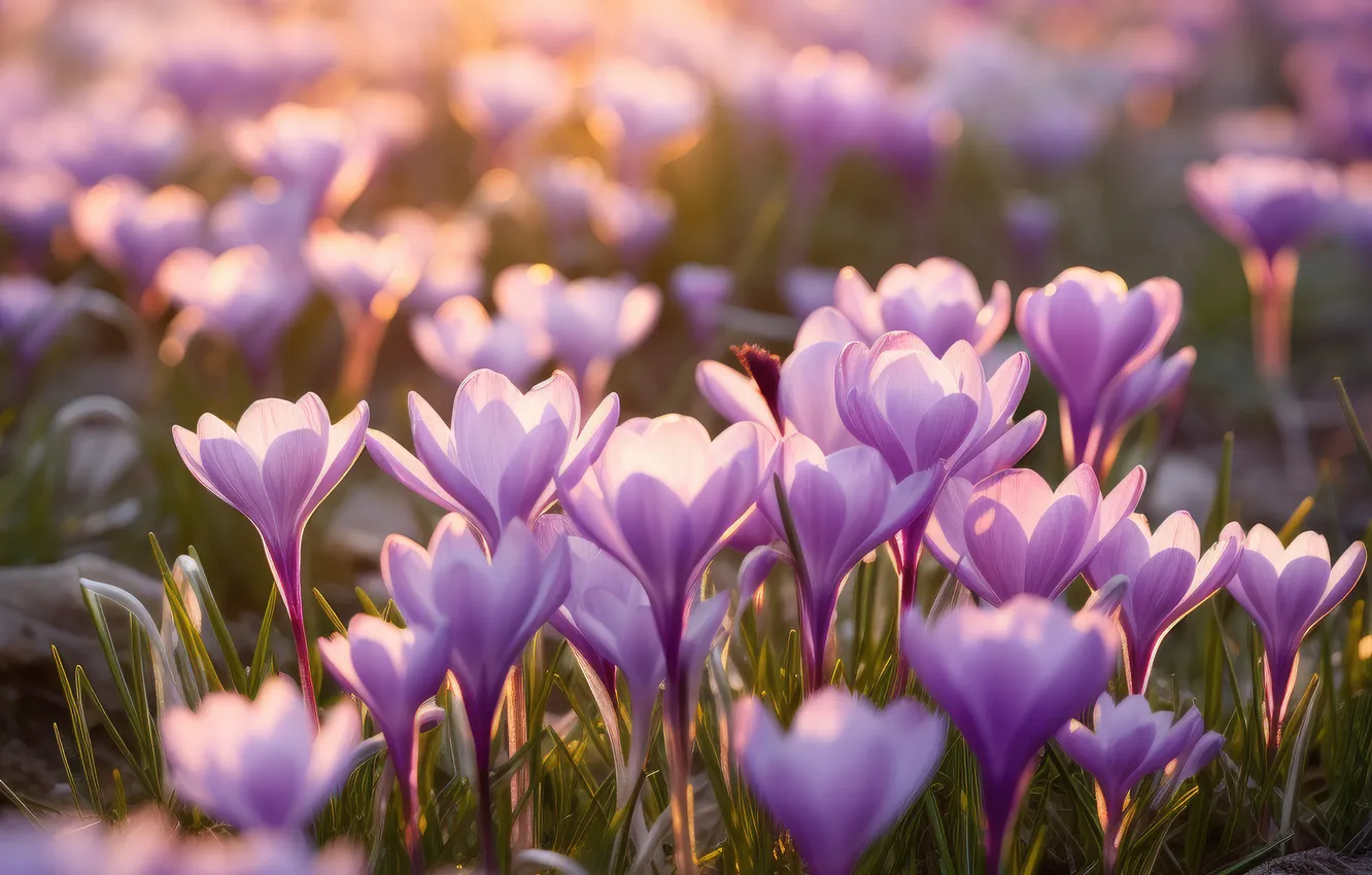 Photo wallpaper light, flowers, glade, spring, crocuses, pink, lilac, bokeh